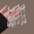 Chinese style Miao silver hair clip tassel hairpin antique headdress for Hanfu dress - Crescent Moon Bell Tassel / 1 Pair
