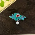 Chinese style enamel flower hair clip retro blue green floral side pin elegant hanfu accessory - Blue Peony Red Rhinestone Pearl Pendant Duckbill Clip