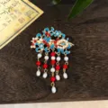 Chinese style enamel pearl tassel hair clip elegant flower side hairpin hanfu hair accessory - Cloisonne Pearl Branch Flower Tassel Alligator Clip