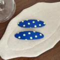 Blue and yellow polka dot snap hair clips, cute oval fabric fringe clips, 2-piece set. - 1 Pair / Blue Polka Dot Oval