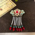 Chinese style enamel pearl tassel hairpin for women, elegant flower hanfu hair accessory. - Green Enamel Red Bead Flower Pearl Tassel Alligator Clip