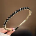 Squisito cerchietto sottile in cristallo nero e filo d'oro da donna, elegante cerchio per capelli. - Nero