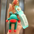 Cute funny sausage mouth cartoon frog keychain with light blue strap detail close-up view. - Green Big Mouth