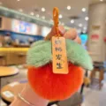 Llavero de peluche de caqui lindo detalle, colgante de fruta naranja esponjosa con hojas verdes. - Naranja Fruta Hoja Azul Caqui