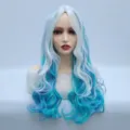 Parrucca sintetica lunga riccia con sfumature blu e bianche, design ondulato. - Multicolore