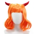 Orange short wavy wig with red devil horns, perfect for cosplay parties and fun stage shows. - Orange