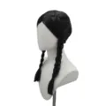Black middle part double braided pigtails wig for gothic cosplay Halloween party look. - Black