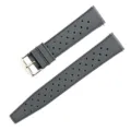 Vista detallada de una correa de reloj de silicona perforada gris oscuro con hebilla metal. - 18mm / Gris