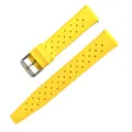 Vista detallada de la correa de reloj de silicona amarilla perforada, caucho con hebilla. - 18mm / Amarillo
