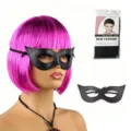 Pink bob wig and black leather cat mask set for costume party and cosplay dress up. - Rose Red