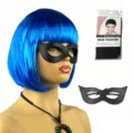 Blue bob wig and black leather eye mask set with hair cap, perfect for cosplay and parties. - Blue