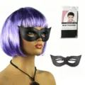 Purple bob wig and black leather cat mask set, ideal for Halloween, cosplay, and parties. - Purple