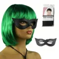 Green bob wig and black leather masquerade eye mask detail view, perfect for holiday cosplay. - Green