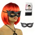 Orange-red gradient bob wig set with black leather cat mask and hair net for cosplay party - Orange