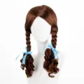 Brown braided cosplay wig with blue ribbons, long curly pigtails lolita wig for women. - Tan