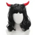 Black curly wig with red devil horns detail, sweet cool style cosplay party headwear. - Black