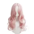 Pink long wavy wig detail view showing soft natural texture and beautiful gradient curls. - Korean Peach Pink