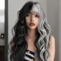 Two-tone black and grey long wavy synthetic wig with natural bangs, heat resistant fiber. - Black and Gray