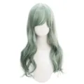 Long wavy green synthetic wig with bangs for daily wear or cosplay, natural look. - Korean Forest Green