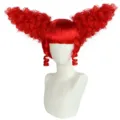 Red short curly cosplay wig with cute bangs and giant horns, perfect for Halloween and parties. - Red