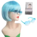 Parrucca bob blu e occhiali da sole a cuore degradato, accessorio per feste e cosplay. - Celeste