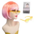 Parrucca bob sfumata colorata con occhiali da sole a cuore e retina per capelli per le feste. - Colore loto