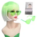 Perruque bob verte avec lunettes de soleil cœur vertes et ensemble de filet à cheveux. - Vert Fluorescent