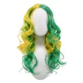 Details of the long curly split-color wig in yellow and green, perfect for cosplay fun. - Green/Yellow