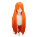 Detailaufnahme einer langen orangen glatten Perücke, 80cm Cosplay Haar mit Pony. - Orange