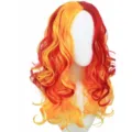Red and yellow long curly wig, split dye center part synthetic hair for cosplay and party events. - Red Orange