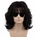 Men's 80s rock punk short curly black wig with bangs and sunglasses for cosplay party. - Black