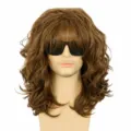 Men's 80s rock punk brown curly wig short layered fluffy hair with bangs for cosplay party. - Dark Brown