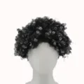 Short curly afro wig detail view, two-tone retro curly hair style display on mannequin. - Black and White