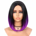 Black-to-purple gradient short straight wig, middle part fashion synthetic wig for women. - Black and Purple