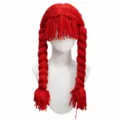 Red yarn knitted funny wig with braided pigtails for costume party and cosplay events. - Red