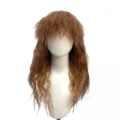 Detail shot of the 80s rock brown shaggy curly wig, showing fluffy texture and style. - Brown