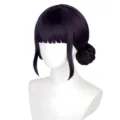Dark purple anime cosplay wig with blunt bangs, side locks, and braided low buns for daily wear. - Zoe Wig