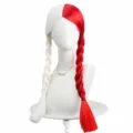 Red and white split braided wig detail showing dual color synthetic hair fibers closely. - Red White