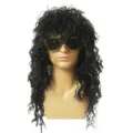 80s rock style black curly wig detail showcasing fluffy hair texture and retro sunglasses. - Black