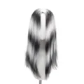 Black and white streaked long straight synthetic wig detail view showing hair texture. - Black