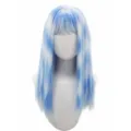 Detailed view of the blue and white mixed long straight synthetic wig with bangs on display. - Blue