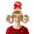 Blonde Christmas costume wig with red bow, double braided pigtails for holiday party. - Gold