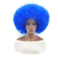 Bright blue afro wig detail, short fluffy synthetic fiber hair for costume parties and fun events. - Blue