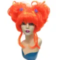 Orange cosplay wig with double buns and purple flower clips for anime Halloween party. - Orange
