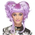 Purple curly wig with side buns and floral accessories, perfect for cosplay and costume events. - Purple