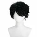 Black short curly cos wig with green tinsel for men anime Halloween party styling. - Black