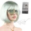 Parrucca bob verde chiaro con frangetta e occhiali da sole a cuore trasparente per feste - Bianco