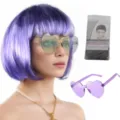 Kleurrijke korte bob pruik met hartvormige zonnebril en haarretje set voor feest vermomming. - Violet