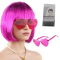 Rosa bob parrucca con occhiali da sole a cuore e retina per festa e travestimento cosplay. - Rosso rosa