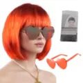 Oranje bob pruik kort stijl haar met hart zonnebril voor feestelijk verkleedpartij - Oranjerood